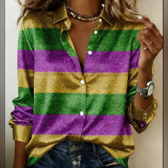 Tops - Striped Glitter Button-Up Shirt